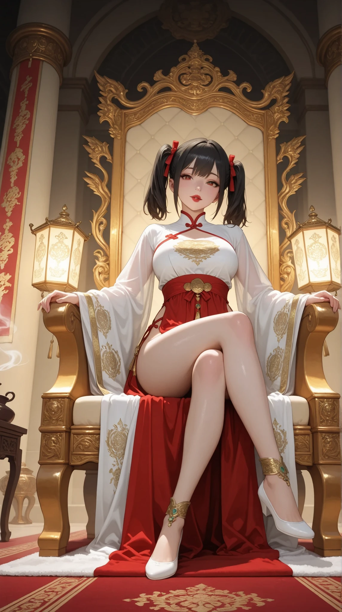 ultra-detailed 2.5D Japanese beautiful empress with regular twin tails hairstyle tied with silk ribbons, large bust, sitting high on an ornate golden dragon throne, legs confidently crossed, viewed from extreme low angle (super low angle), wearing a tight high-slit crimson qipao with golden embroidery, sheer silk sleeves, open back, photorealistic glowing skin, seductive and melancholic expression, soft red lips, smoky eyes, ornate jewelry, surrounded by silent twin-tailed court ladies in traditional hanfu uniforms, symmetrical formation, incense drifting, faded silk banners, worn velvet carpet, flickering lanterns, heavy palace air, atmosphere of decline and faded glory, inspired by "The Last Emperor", cinematic lighting, soft haze, artstation masterpiece, full-body view emphasized from below
