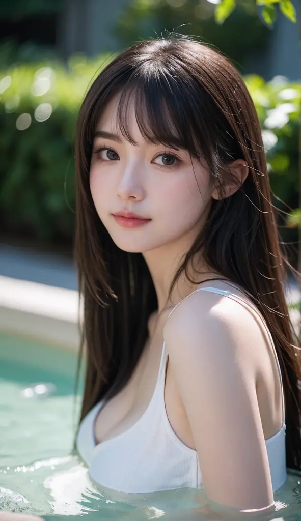 Ultra-high resolution, Superior Quality, Highest quality, Super detailed, Realistic, 8K, RAW Photos, Highest quality, masterpiece, Attractive girl, A wonderful girl, Brown Hair, Shoulder-length layered, Asymmetrical bangs, Japanese Idols, Swimwear