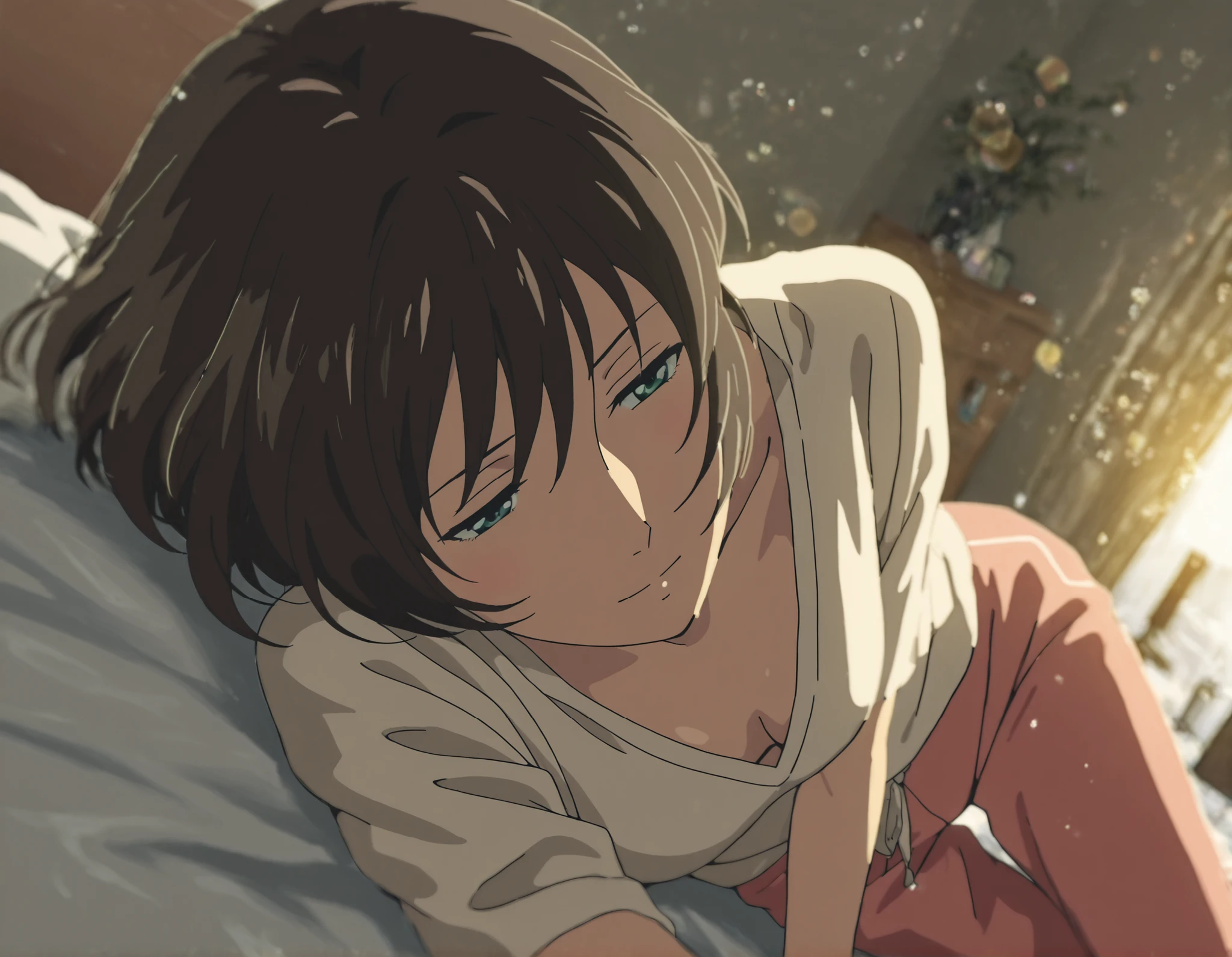 masterpiece, , absurdres, highres, detailed background, high resolution, masterpiece, necessary, detail, best quality, quality, necessary, details, High details, Precise, indoors ,( colorful light particles, powder light,),day lens flare, blurry background,(from above, from front), ,1girl, (type-moon,) style, shinkai makoto style, aging, Living room, white v-neck shirt, pink running pants, Lying on the bed, a seductive body,