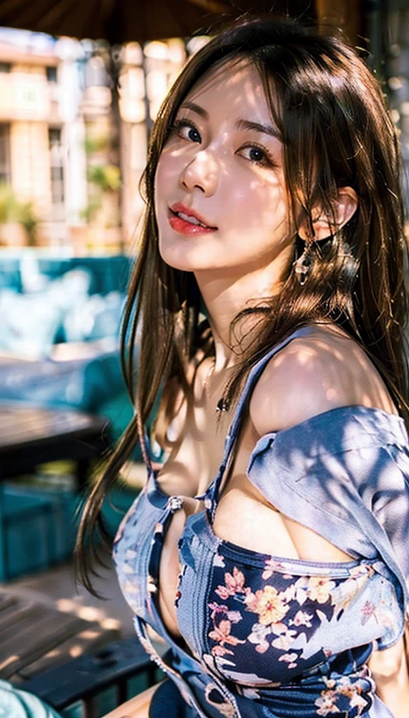 Lying in bed、24-years-old、Huge breasts、soft、Sweat、Super big breasts, long black hair、Straight bangs、Full body illustration of a blue-eyed girl、Embarrassed、blush、