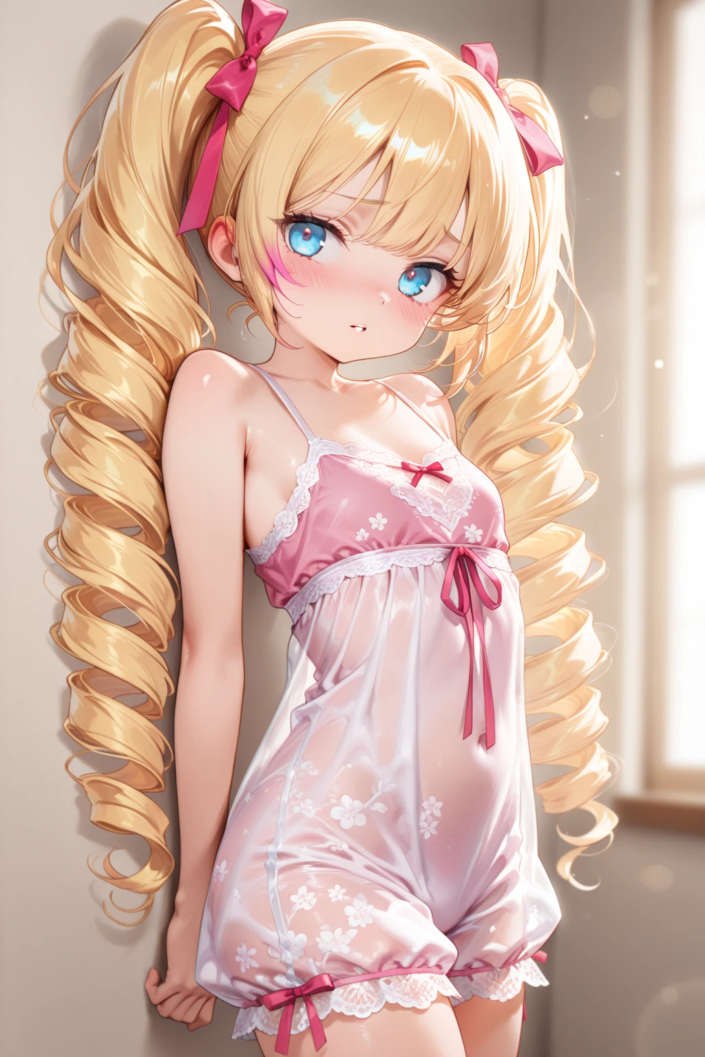 (finely detailed beautiful eyes:1.2), (best quality, masterpiece:1.2), ultra detailed, 1girl, Beatrice, \(Re:Zero\), beatrice, blonde hair, blue eyes, (butterfly-shaped pupils:1.2), drill hair, long hair, parted bangs, (forehead:1.5), symbol-shaped pupils, twin drills, sidelocks, mini crown, small breasts, lips, naked, ((black panties, bra)), standing, (looking at viewer), (front view), (((bedroom))),