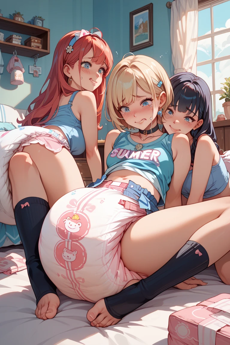 (masterpiece:1.2, best quality), best resolution, (two heads:1.2), (1girl:1.5), (solo:1.3),girl with two heads, (conjoined_dicephalus:1.3), black and blonde hair, short hair, multicolored eyes, (diaper:1.2), toga, (renaissance:1.3), (anime:0.3), laying on back, feet up, (diaper change)