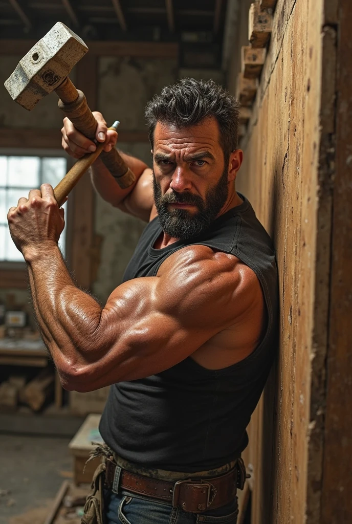 Image of a man with a wooden club inside the room in a moment of rage