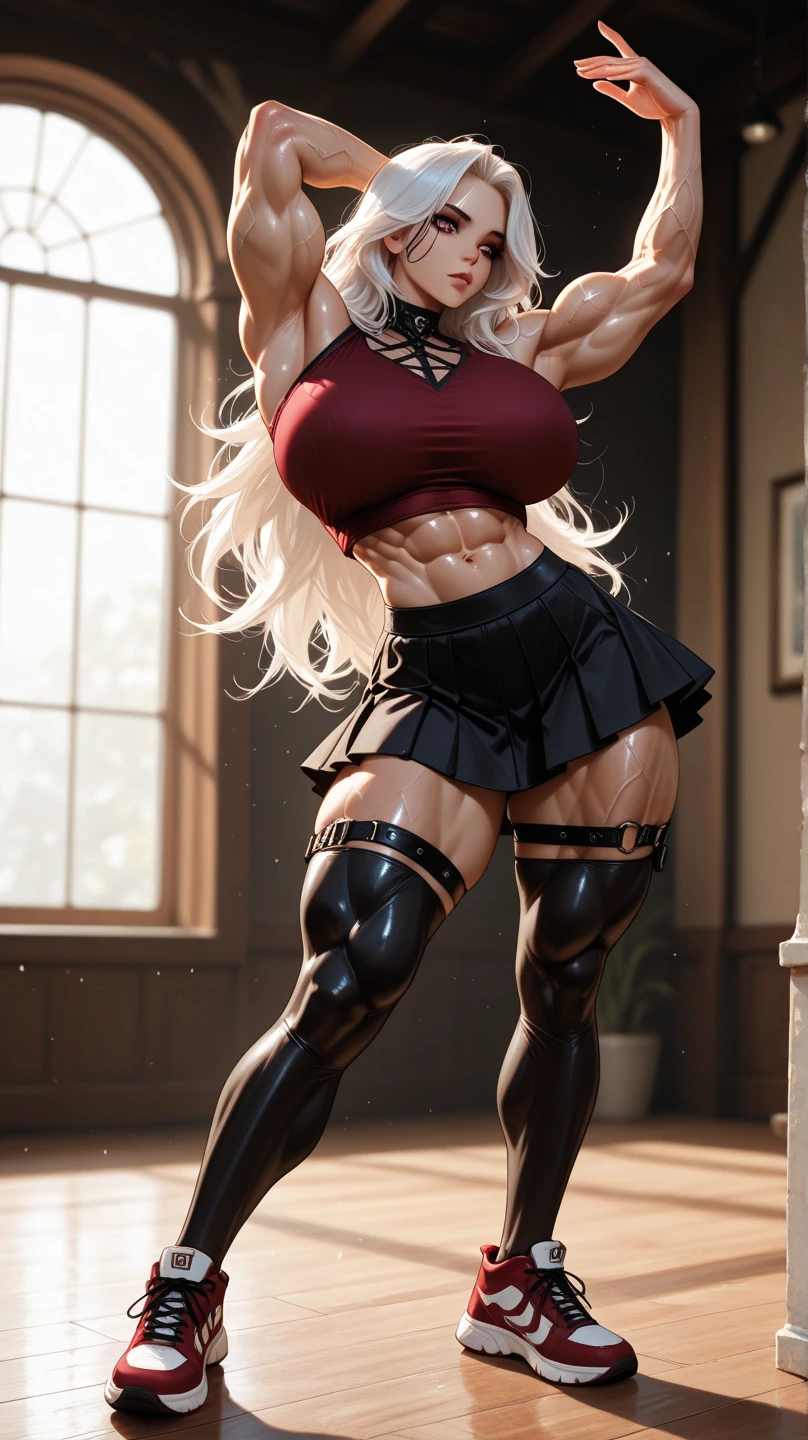 (Muscular:2.5), (thick thighs:2.4),
(cat girl, cat ears:1.8), (white hair, short high twin tails, light blue eyes:1.5), (big smile:1.6),
detailed eyes, clean skin, low key (DETAILED SKIN),
(small breasts:2),
eyeshadow, lipstick, 
choker, (halter top, midriff, fur, leggings:1.8), (flared skirt:2.4), 
(upper body view:1.3), (three quarter view), (looking at viewer), 
dark bedroom, (dawn lighting), rim lighting, two tone lighting, dimly lit, bokeh
