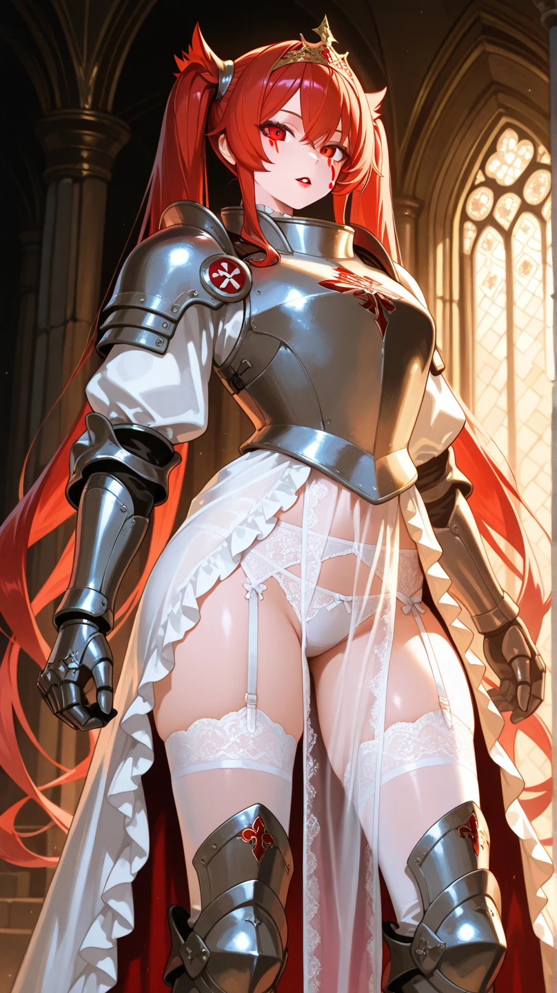 Red-haired warrior, detailed, 1 girl, beautiful, 8k, artwork, ultra realistic, medieval fantasy, armor, steel breastplate, steel gauntlets, steel boots, red skirt, miniskirt, ((crouching)), open legs, panties, panties appearing, white panties, upskirt, cameltoe, nsfw, pantyshot, action pose
