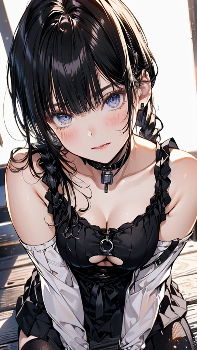 Ultra high quality, ultra detail, full picture, 1 girl, solo, dark blue hair, blue eyes, broken heavy mask on the ground, detailed super oily shiny torn and tattered black thighhighs, articulated dark blue halo above head, detailed tattoo under right eye, gothic clothing, torn clothing, light armour, broken armour, self hugging, looking at viewer, disgusted face, blush, ruined room as background, stormy night, shrouded in darkness