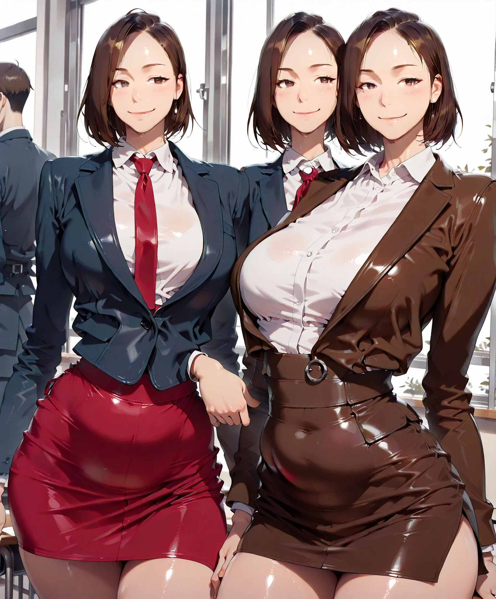 ((masterpiece), ((Highest quality)), (masterpiece,Highest quality,Official Art,Highly detailed CG Unity 8k wallpaper)、((１People Women:1.8))、((Hourglass body type:1.3、Medium breast、Bewitching beauty))、((Examination room:1.8)), "A female doctor from the near future wears a highly functional uniform。Antifouling、antibacterial、Breathable、温度調節機能を持つ高性能素材で作られたクリーンなホワイトAlsoは淡いブルーのタイトフィットなラボコートを着ています。The lab coat has a slim design、Smart collar、Hidden snap buttons at cuffs、Has multiple storage pockets。下には吸湿速乾性のあるホワイトAlsoは淡いパステルカラーのシャツやブラウスを着ており、Tight fit for ease of movement、(The design emphasizes the cleavage.:1.6)。The pants are tight-fitting straight pants.、Alsoは膝丈のAラインスカートで、Both are made from the same high-performance materials。For footwear, wear comfortable, supportive white or silver flats or sneakers。As an accessory、Lightweight and highly sensitive stethoscopes available in silver and pastel colors、Simple and easy to read name tag design、Waterproof smartwatch、antibacterial仕様の使い捨て手袋があります。Also、It also has pockets for storing small electronic devices and tools.。"