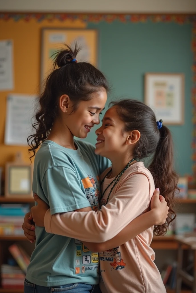 10 year old girl, dark pink shirt, pastel purple skirt, Short hair with bangs, Brown eyes, hugging a 34 year old woman, long hair with a bun, short black shirt, white shorts with red hearts