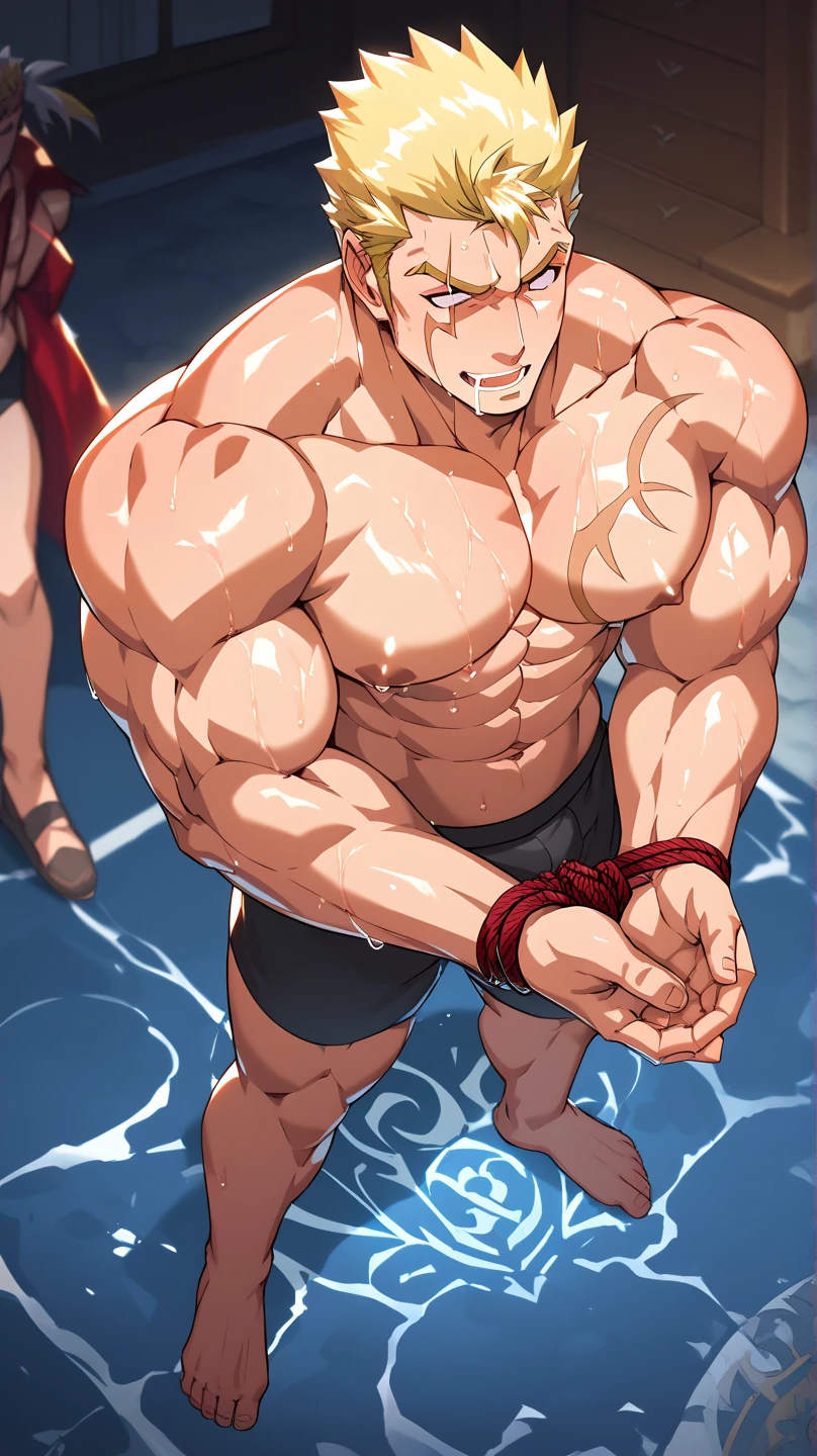 (((18 year old shirtless, very skinny twink))), fair hair, handsome face, smile (((wearing gym shorts))) biceps flexed, kneeling, ((((Trussed up completely with rope)))), ((((very tight rope crossed over chest)))),(((body in tight shibari ropes))) sweating, wet skin, in a dungeon with candles and a fireplace