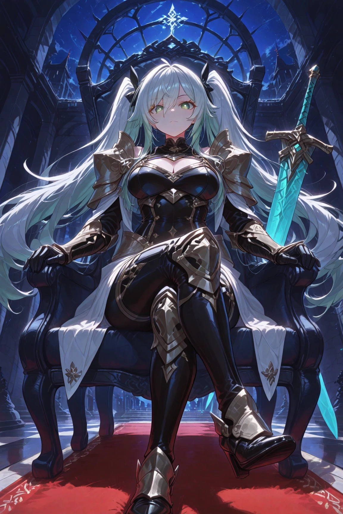 Adult woman with white hair and big breasts，slim figure，Black hairpin，Queen，black knight armor，thigh，castle