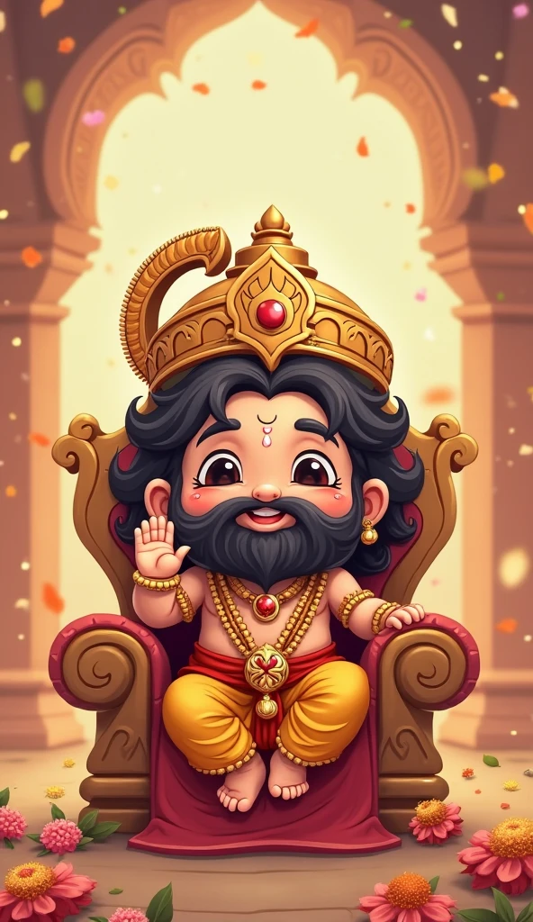 "It appears to depict a 3D animated character, likely styled after traditional Indian royalty or a deity, with exaggerated features for a comedic or friendly effect. The character is a male, with a broad smile, wide eyes, and a bushy mustache. He is wearing a golden crown adorned with red jewels and has long, wavy black hair. His attire includes a white dhoti, various gold jewelry like necklaces, earrings, and bracelets, and he is holding a Marshall speaker in his left hand. His expression is joyful and surprised, with his right hand gesturing as if he's excited or amazed by something. The overall style is vibrant and cartoonish."