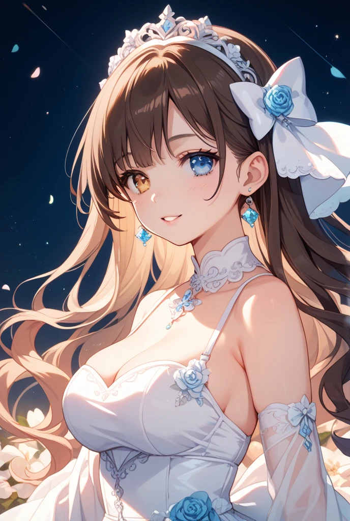 Sagisawa Fumika, 1 Girl, Solitary, watch, pendant watch, blue eyes, breast, Gloves, Headdress, skirt, long hair, cleveage, looking at the audience, white Gloves, Bare shoulders, open mouth, large breast, Strapless, Necklace, blush, white skirt, Black Hair, brown hair, Hair between the eyes, Strapless skirt, clavicle, Smile, Bangs, on stage,