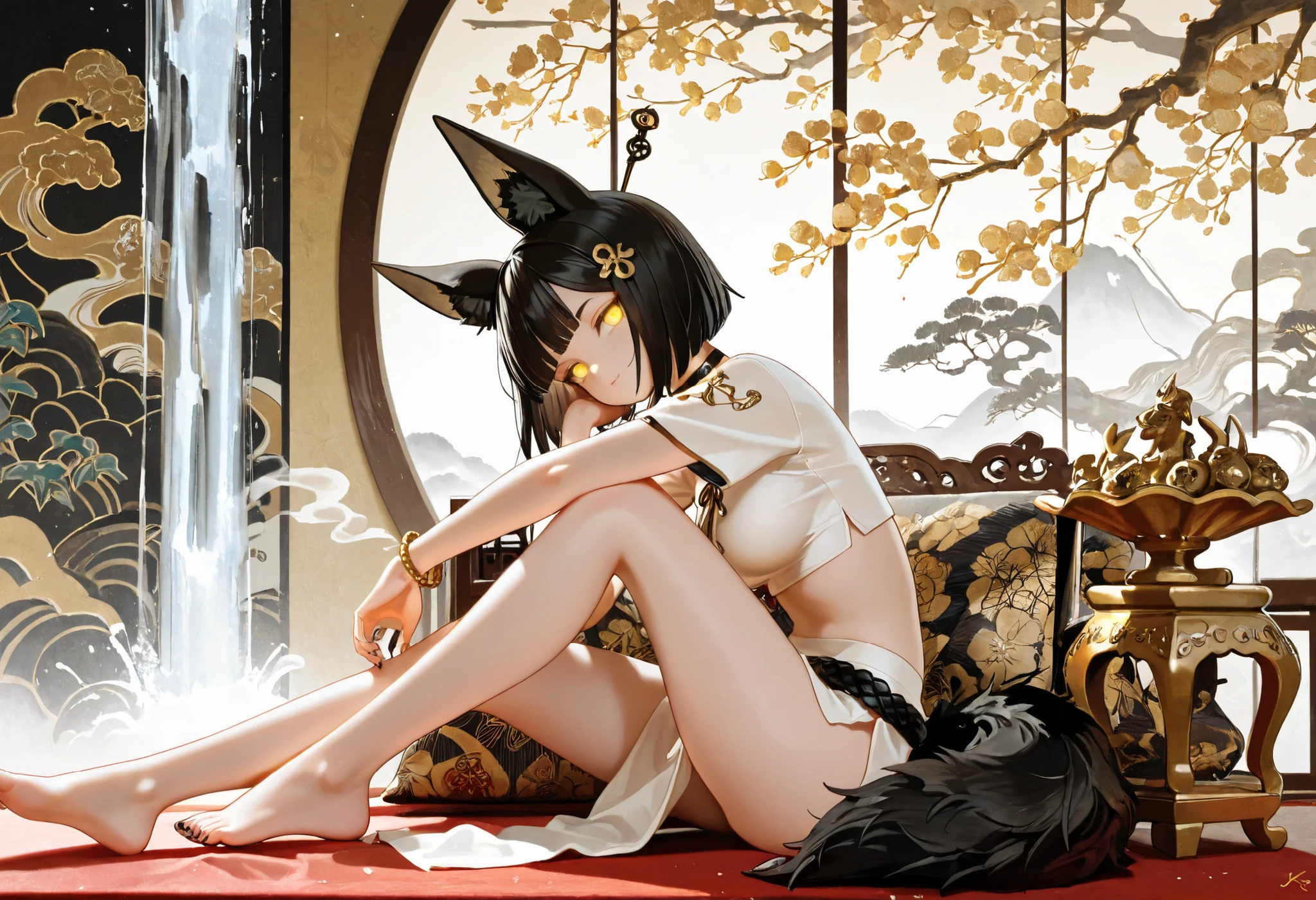 1girl, yellow eyes, jitome, black long stright hair, long bob hair, straight bangs, medium Breast, white clothes, jackal tail, cropped top, white anubis girl, slit skirt, flower pattern, Choker, bare legs, foot, black nail polish, slender body, tall girl, masterpiece, best quality, Perfect details, perfect composition, Perfect face, Perfect hand, absurdres, newest, very aesthetic, amazing quality, highres, film grain, Cinematic, Magnificent, doremi, hwansang, mx2j, Oriental clothe, side slit long skirt, hairpin, jade decoration, jk, key ring, thick outline, flower pattern, kiseru, smoke, white theme, blue woods, white woods, soft smile, taoist, glow eyes, Confident, transcendence, gold decoration, white energy, mixture of Egyptian and Taoist decorations, grand master, Vajra, sitting, crossed legs, front view, outside background, ukiyo-e, silk, oriental ink painting, Yin and Yang, sensual, Golden statue, jade statue, white ink, oriental Waterfall
