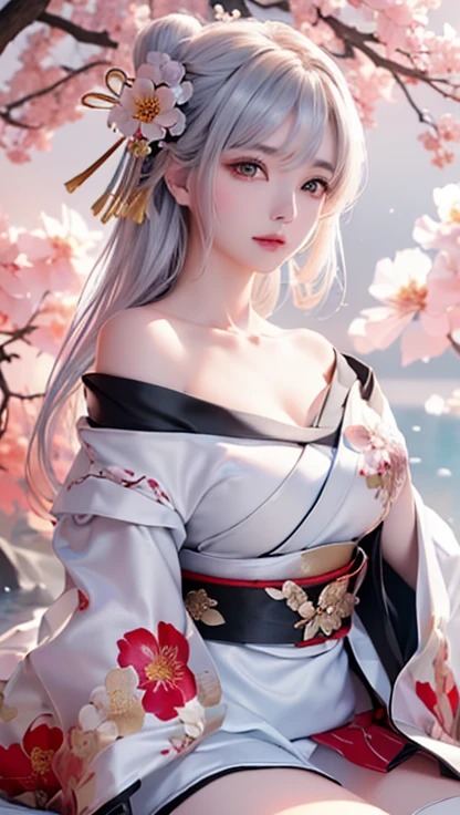 ((alone、A woman wearing a flower pattern kimono、Elegant woman posing:1.4、Detailed face、brightexpression、medium beautiful breasts,young, bright, Whiter skin、Best Looks、Ultimate beauty、White hair with shiny highlights、Shining bright hair,、Trim your hair:1.2、Hair dancing in the wind))(Japanese garden、night、Indirect lighting creates a nice atmosphere)((Off-the-shoulder style、Expose your shoulders、Expose the neck、Exposing cleavage:1.2))The sleeves of the kimono are connected((Flower pattern kimono:1.3)