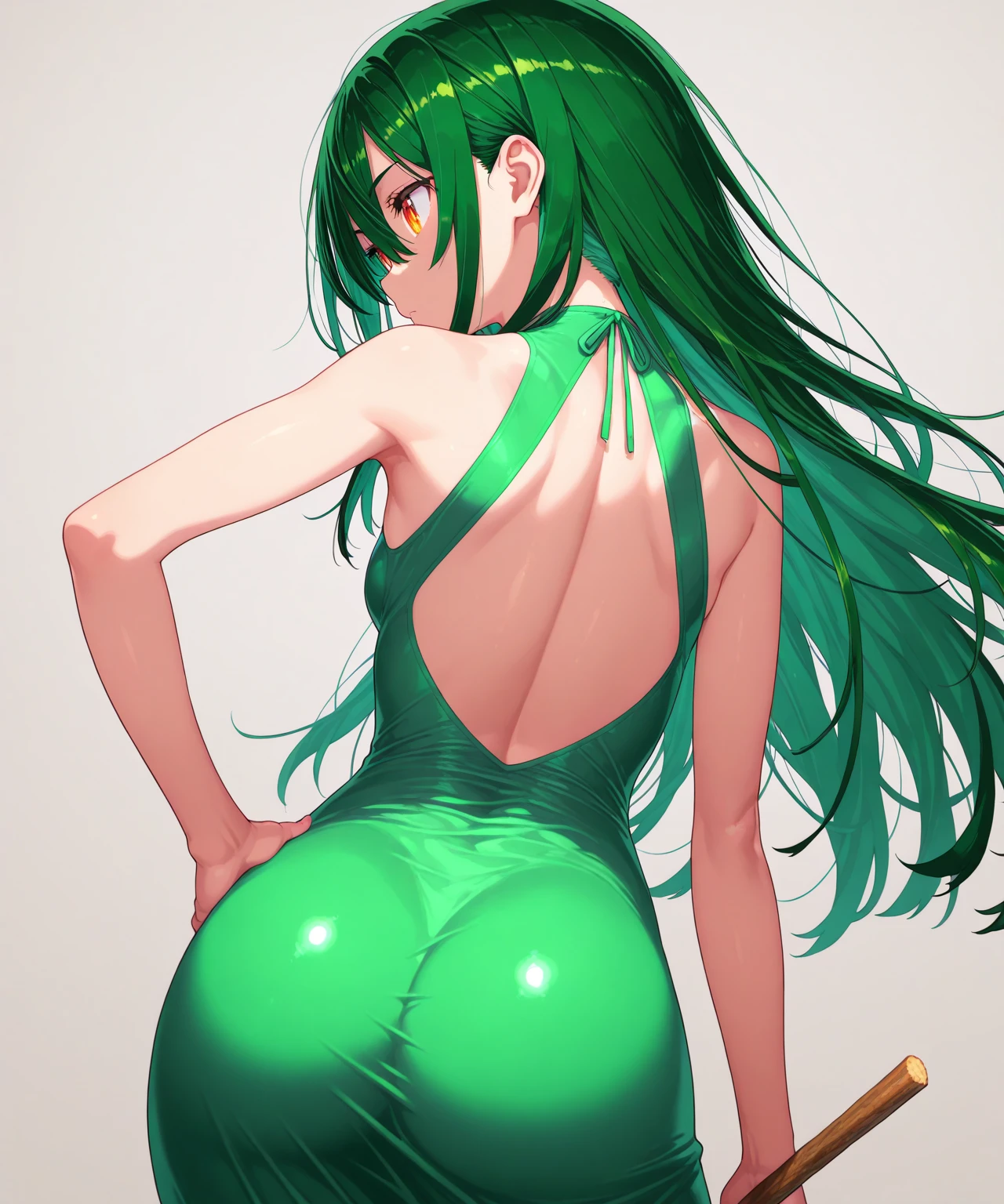 masterpiece, best quality, android-chan, green dress, elbow gloves, large breasts, green thighhighs, from behind, looking at viewer, tail , <lora:androidchan-nvwls-v1:0.9>