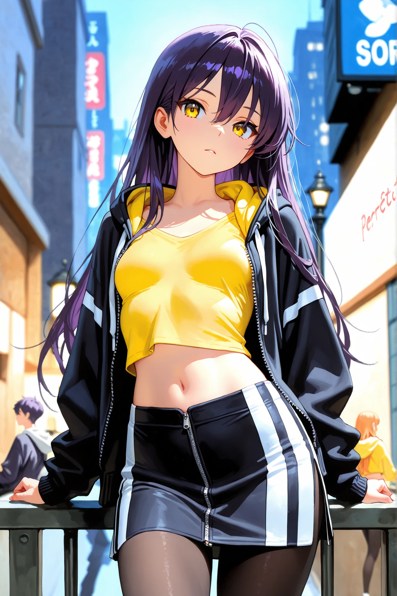 1girl, Nyann, long hair, yellow eyes, dark purple hair, hair between eyes,tight cropped skirt,black tights,yellow shirt, midriff tops, navel ,black opened zip up hoodie with a white stripe,depth of field, fake traditional media, Picturesque, Impressionism, masterpiece, high score, Great score , very high resolution highlights (masterpiece) 、 (Best Quality)) 、 (Super Detailed) , beautiful girl , Beautiful detailed face ,perfect 5 fingers , perfect human structure , Perfect Anatomy ,beautiful light effect,beautiful light effect, small breasts,background is night city