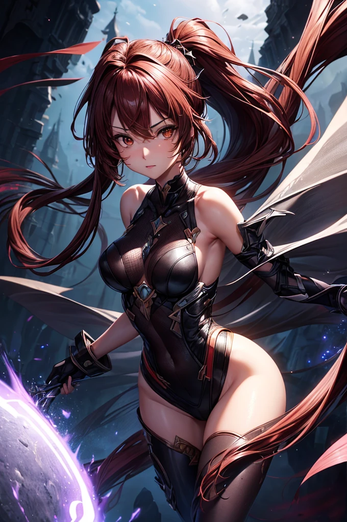 Highest quality、Highest quality、Masterpiece、girl((Age 25、as soon as、Highest Bust、Medium Bust、Wide open chest、Red glowing eyes、Black Ear、Red Mesh、Disheveled Hair、Loincloth、thin、The best valley、Open chest、Luminous Wristbands、hair ornaments、Full body view、Tank top、Black ninja costume、scar、Full body scar、Fighting Pose))、high quality、Beautiful Art、background((night、Ninja World))、flight、Flying Debris、Depth of text、movie、Visual Arts、Perfect Art、8K、Genuine、