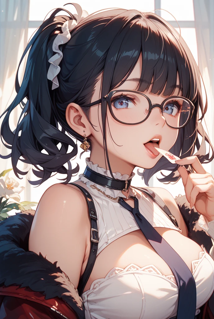 (((1girll))),Cat ears,cabelos preto e longos,vests,jaket,cowboy lens,eye glass,medium boob,yellow backdrop,with her mouth open,Be red in the face,