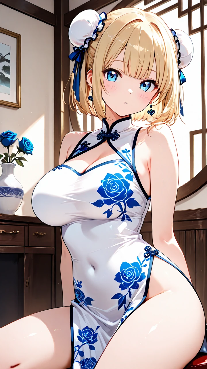 (masterpiece,highest quality,超A high resolution),Japanese women, (((Very beautiful 18 year old girl))), pretty girl、Look at the photographer､ ((Beautiful blonde bob hair)), Very cute face, Glossy Lips, Double eyelids on both eyes, blue eyes, Natural smile、 Natural Makeup, Long eyelashes, Shiny and smooth hair､Center image, Perfect limbs, Perfect Anatomy,(((Shiny Chinese Dress　white panties))),undressing panties,Pull down your pants、Wet with sweat,Cowboy Shot,