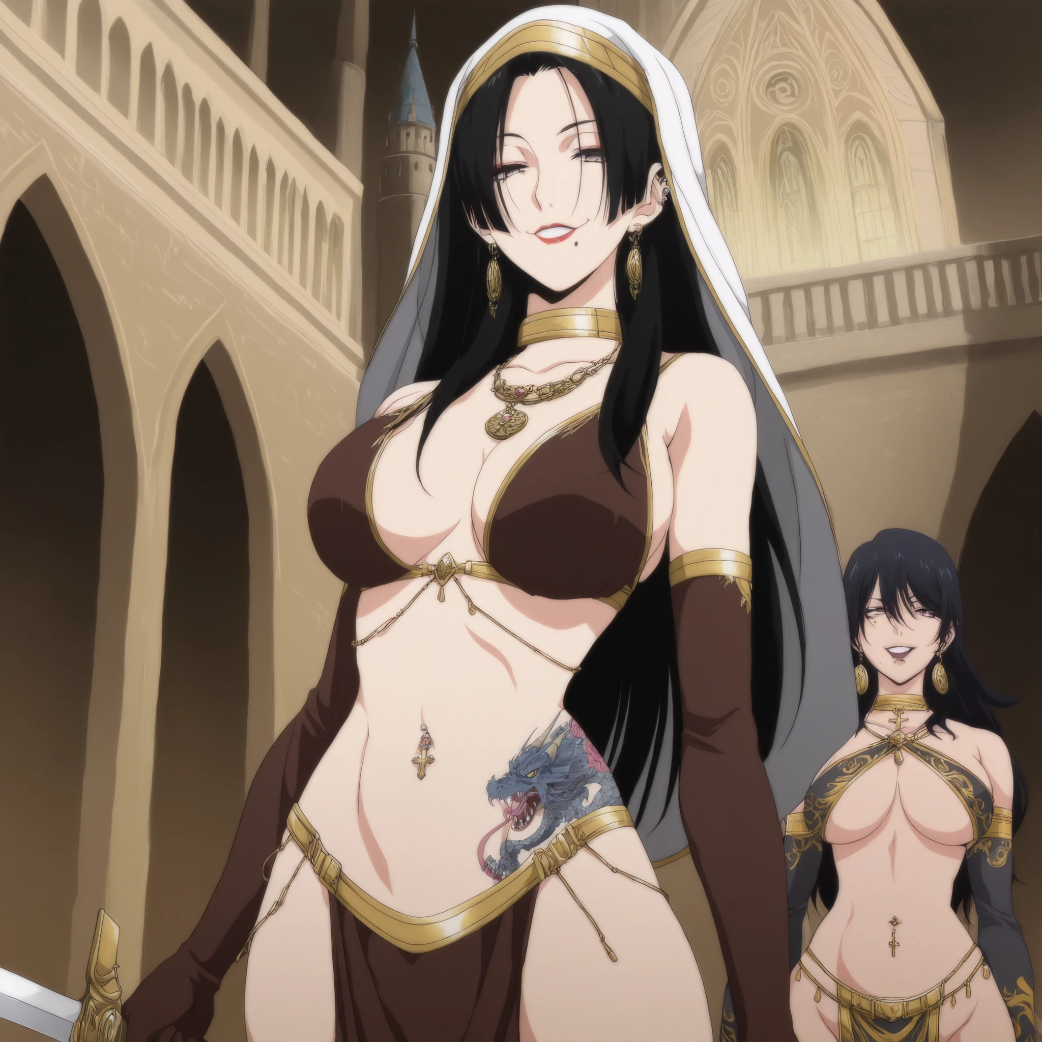((Anime illustration)),At the resort pool on a moonlit night,Beautiful night view,((Black-haired Cleopatra)),Beautiful black bikini,((Gorgeous big breasts shining)),Lace Top Stockings,Knee-high boots,Long satin gloves,(Laughing with your fingers),Crossing your legs,Condescending look,Provocative pose,Sexy Body NSFW, bra lift