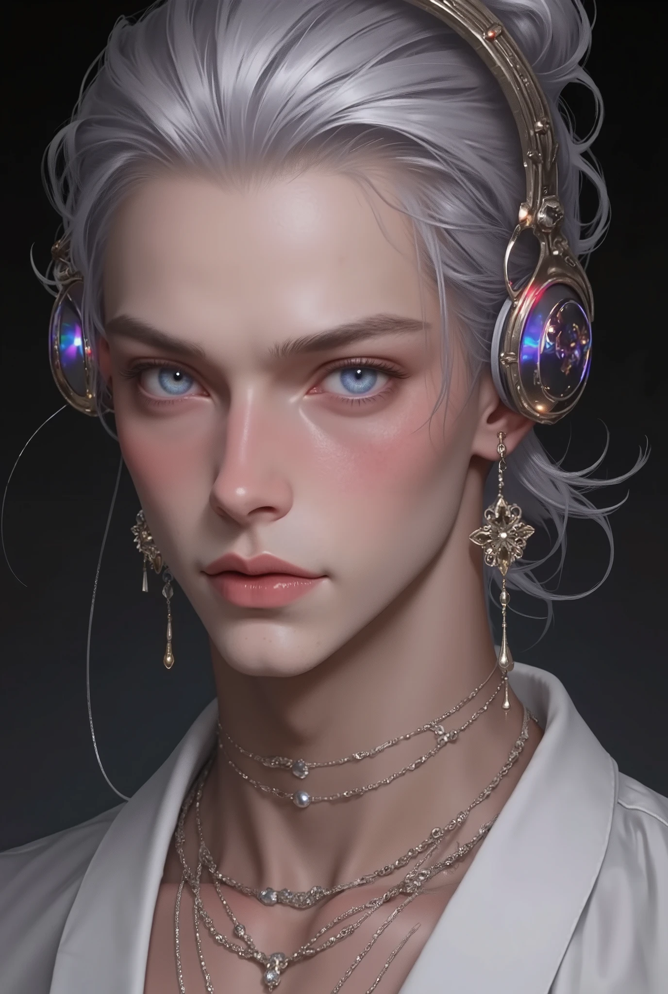 1male, Medium hair, Tied-Back Hair, Middle-age boy, ((Silver Hair)), Flawless Golden Purple Eyes, Hanafuda Earring, Perfect abs, chest, handsome, Hi-Tech Headphones, Close-Up, Intimidating Expression, Background japanese room,