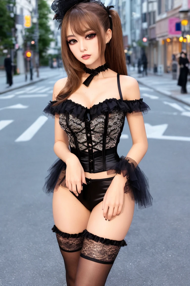 ((8k, RAW photo, highest quality, masterpiece)), High detail RAW color photo professional close-up photo, (realistic, photo realism:1. 37), (highest quality), (best shadow), (best illustration), ultra high resolution , highly detailed CG unified 8K wallpapers, (cinematic lighting), Particularly strong light,collarbone , ((erotic, sexy,, (aegyo sal:1), 18 years old girl,((black lace school uniform top)), ((black lace briefs)), ((black lace sailor collar school uniform top)), short shirt bare midriff, (cleavage:0.5), beautiful detailed eyes, light on face,(cute), ((full body shot:1)), Feminine Expressions, (silk stockings with garter belt, beautiful legs),((1 gril)),ulzzang-6500-v1.1:0.2, shy, flush, (nsfw), front view,((Positive face:1)), (standing:1.9),(very long legs:1.5),(Slim legs), sexy,((on the street)), pureerosface_v1:1,kpop,(Positive face),((briefs)),(garter belt:1.5),((1 gril)),(nsfw),((black twin tails:1))