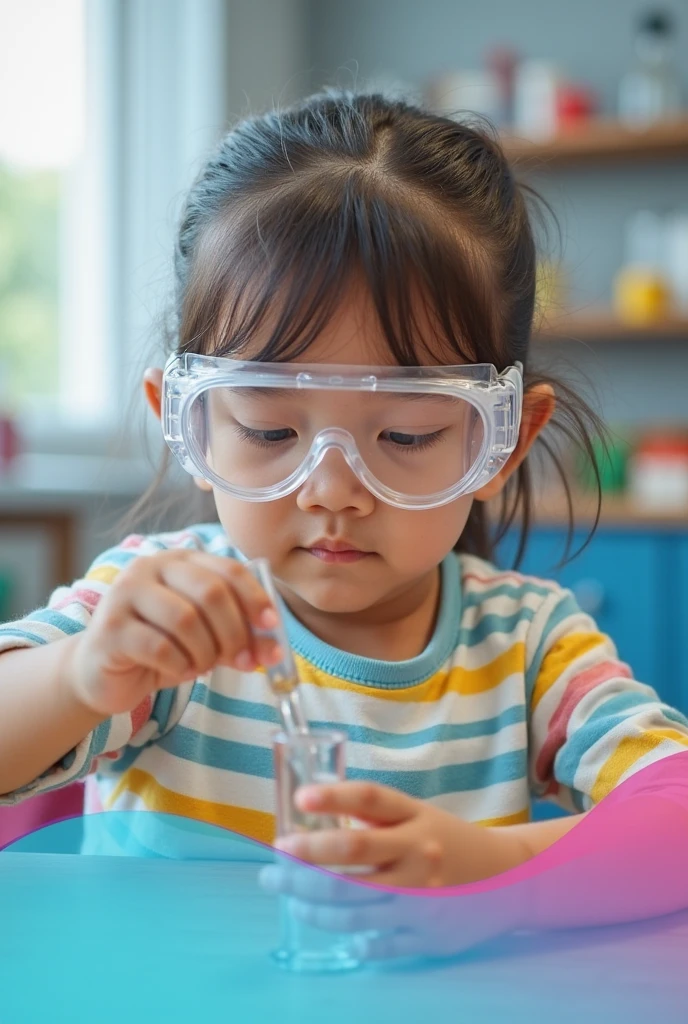 A child wearing a lab coat and glasses placing vegetable scraps and fruit peels inside a plastic bottle..