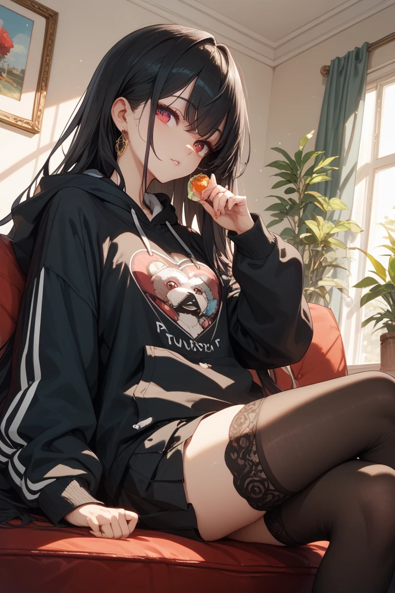 yuukikonno, Konno Yuuki, Long Hair, Pointed Ears, Purple Hair, (Red eyes:1.5), (Small breasts:1.2), Open your mouth,happy smile, smile, Open your mouth,hair band,low twin tail,Purple Tank Top,Shorts,barefoot,True Summer,Daytime,Holding ice cream in both hands,Eating ice cream,Sitting on the sofa,Sweat,whole bodyがイラストに入るように,
break looking at viewer, whole body,
break indoors, room,
break (masterpiece:1.2), Highest quality, High resolution, unity 8k wallpaper, (figure:0.8), (Beautiful attention to detail:1.6), Highly detailed face, Perfect lighting, Highly detailed CG, (Perfect hands, Perfect Anatomy),