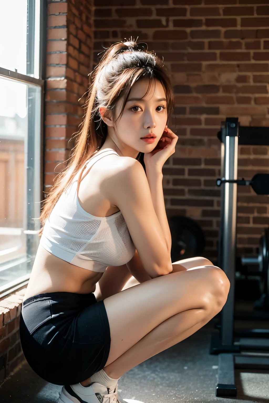 (Small underboob,Tomboyish,small heads)), (Well-defined abs: 1.1), (perfect bodies: 1.1), (shoulder length straight short hair: 1.2), black hair,attractive collarbone，（极其细致的CG 8k壁纸），（Extremely refined and beautiful），（masterpiece），（best qualtiy:1.5），（超高分辨率:1.5），fully body，[A high resolution]，cheerfulness，smile，Smooth and flawless fair skin，ultra - detailed ，Elongated legs，（Small breasts:1.1),Flat chest,Slim，emaciated，(white yoga top tank:1.3)，(white yoga short pants:1.3),(camel toe:1.1),In a spacious gym,Modern decoration style gym,(Various fitness equipment:1.5),dumbbells,treadmill,Close shot,Bright light,(close eyes:1.5), (open mouth:1.2) ,(female orgasmic:1.5), (blush:1.3)，(head up:1.2),from front,squatting,m-legs,(sweat:1.6),put both hands behind head