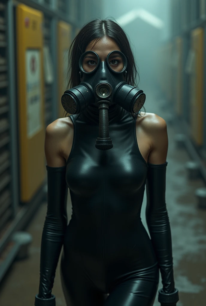  A dominatrix covered in latex, gas mask with dildo and huge strap-on

