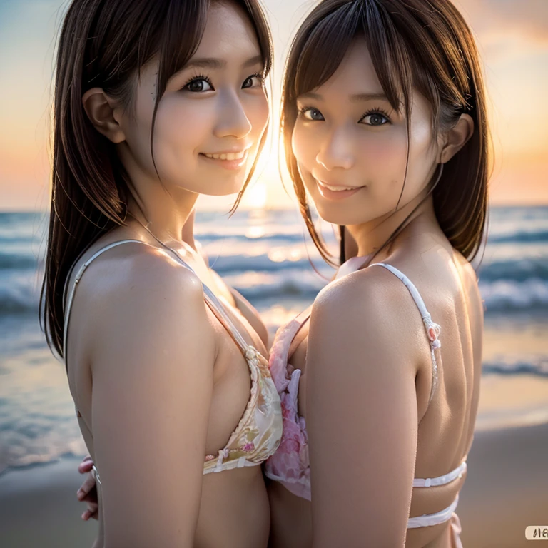 8k, RAW photo, best quality, masterpiece, realistic, photo-realistic, clear, professional lighting, japanese, beautiful face, best quality, ultra high res, Two girls hug, full body, radiant smiles, bikini, midium bretht, midium hair, beautiful and fantastic beach