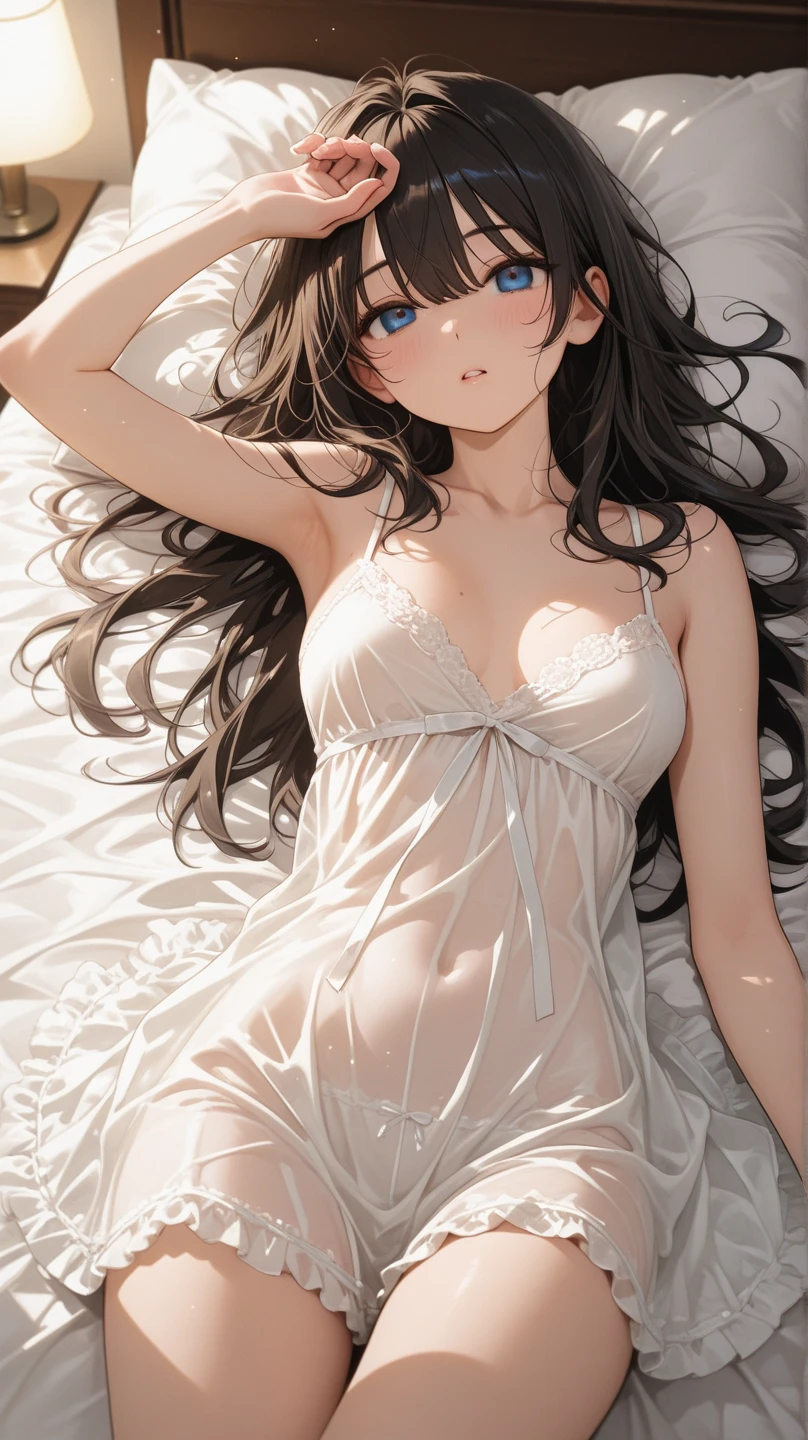 masterpiece, highest quality, One girl, View your viewers, Small waist, RAWphotograph,Hands intricately、Beautiful fingertips、 Ultra-realistic, High resolution, photograph, Sharp focus, Most detailed, Very detailed, Super detailed, In detail, Very detailed目と顔,Very detailed手と指、Idol、Thighs, beautiful girl,View your viewers, Small waist,Symmetrical face, whole body、White lace dress、No sleeve、White lace micro skirt、White lace knee socks、Cleavage、Large Breasts、Long Hair、Big red ribbon、はだけたThighs、Beautiful navel、美しいCleavage、The bouncing breasts、Lying on your back、grass
