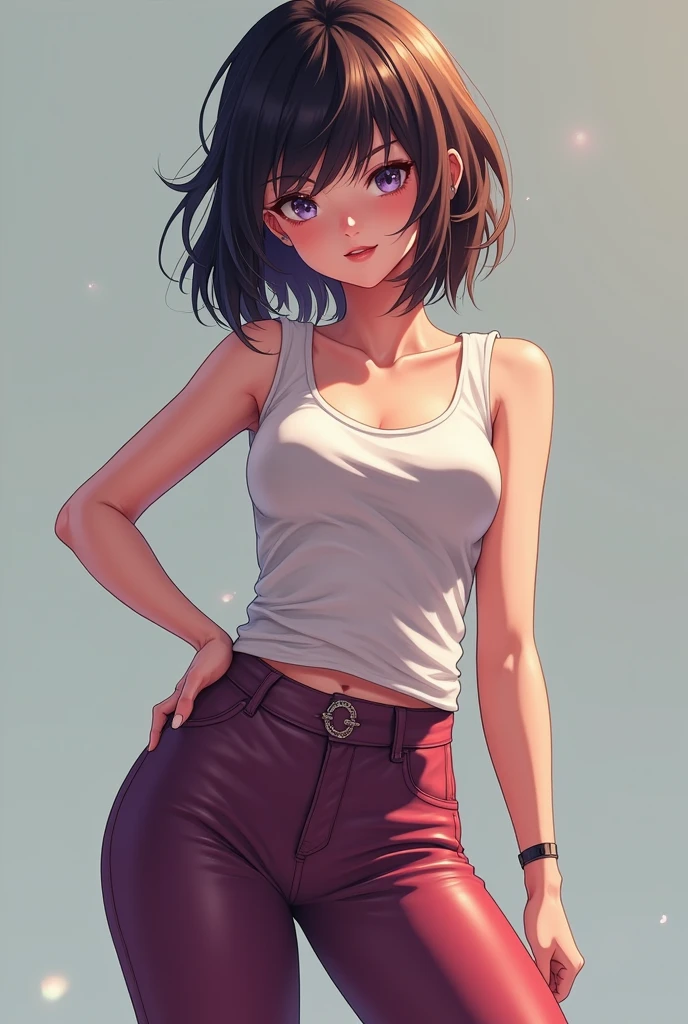 (((masterpiece, best quality, ultra highres, 1 girl, solo, no background))), super detailed skin and face and eyes and finger, beautiful japanese woman, small breasts:1.5, skinny, light brown hair, white background, very short pixie hair, Knee shot, Generate with illustrations, Various expressions, Various poses, Please draw the entire character within the frame, ensuring that the head, arms, and legs are not cut off. The background should be simple, with the character positioned centrally, outline, anime, 2d, boyish, smile showing teeth, tank top, denim shorts,