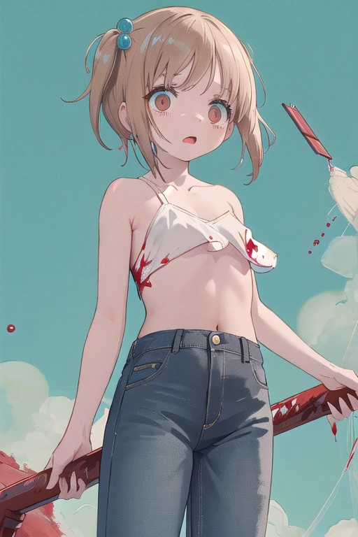 (topless), nsfw, masterpiece, magazine cover, 1 girl, erect nipples, nipples, high angle, intricately detailed, navel, necklace, holding smartphone, beautiful face, denim shorts, smiling, extremely detailed, photorealistic, octane render, 8 k, unreal engine. horse ears, horse tail, bare breasts, bare stomach, sweaty, detailed, cowboy shot, small breasts, puffy nipples, black belt, leg strap, hair ribbon, texts, sexy, shirtless, bare arms, hands on waist, short white hair