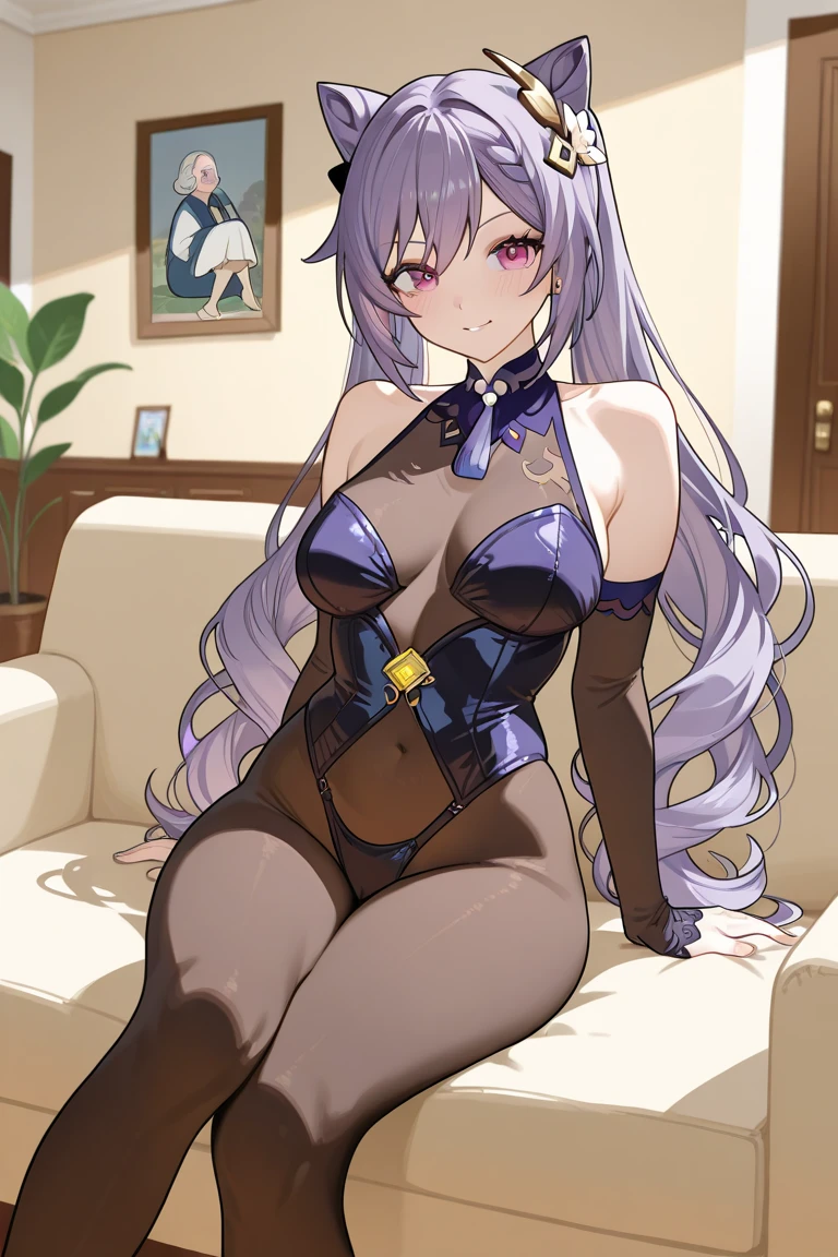 masterpiece, detailed, high quality, nsfw, (absurdres), high sharpness, high resolution, cottontail, 1girl, solo, naughty face, blush, smile, large breasts, curvy, wide hips, groin, (cameltoe), highleg leotard, pantyhose, fur trim,