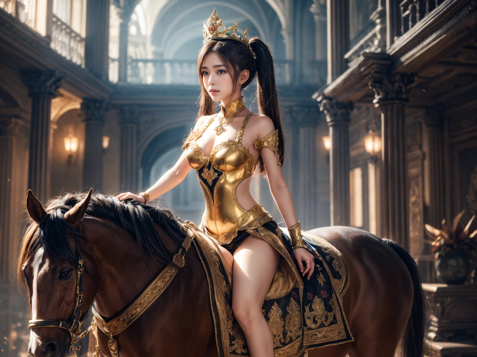 full body of a beautiful young woman with pink hair styled up, wearing a warrior outfit from the ming dynasty showing her cleavage, sitting on a horse showing her large thighs and natural breasts, wearing war boots, behind her a shining sword is visible, 8k, highly detailed, realistic, photorealistic, masterpiece, high quality, highly detailed, intricate details, cinematic lighting, dramatic lighting, warm colour tones, volumetric lighting, depth of field, detailed facial features, alluring expression, elegant, graceful
