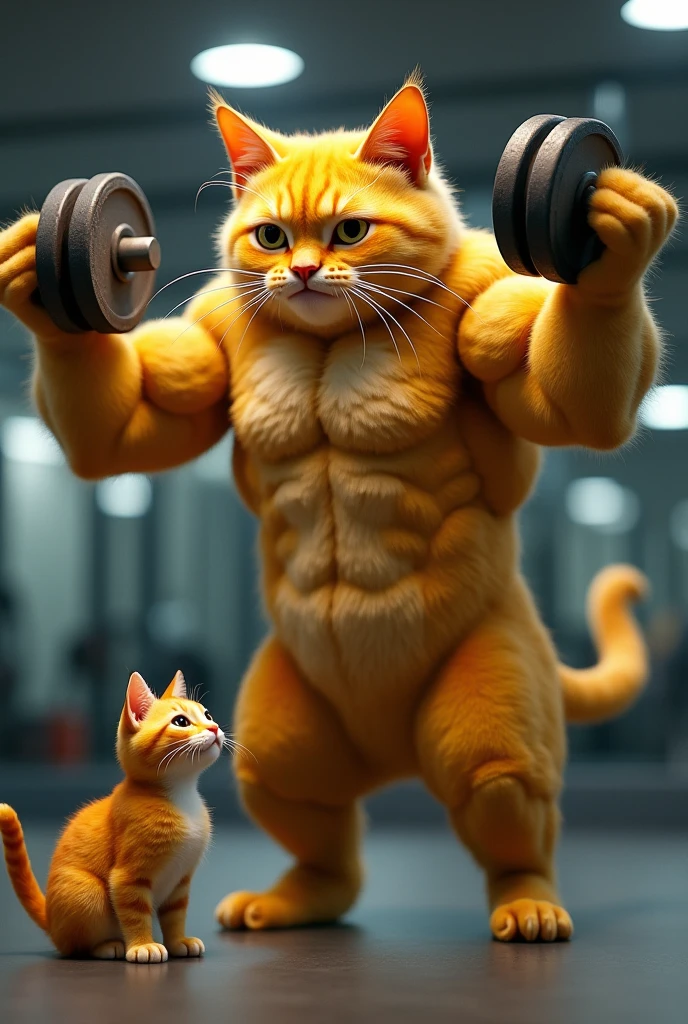 Skinny cat and big black cat, muscular in the gym