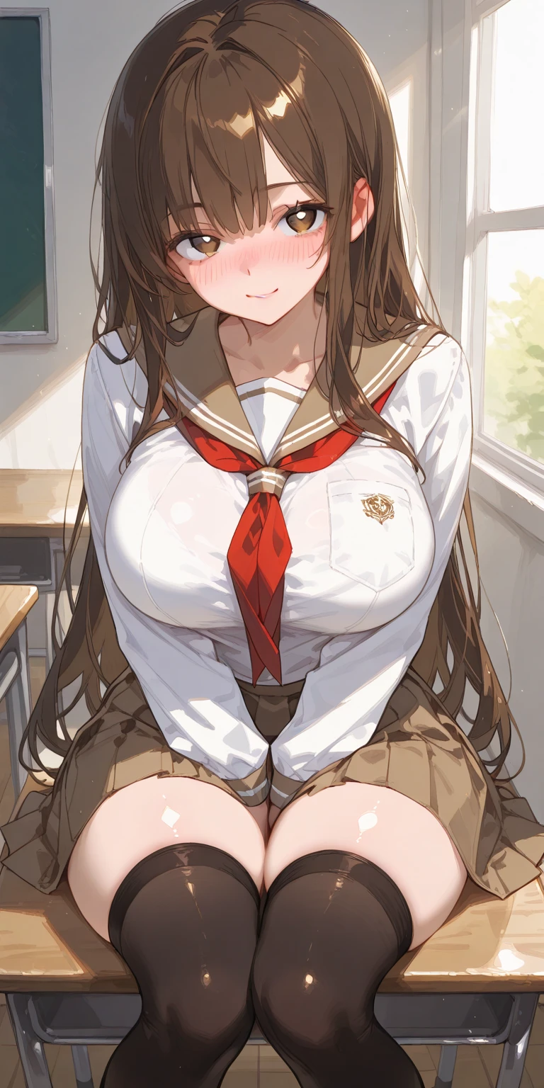 ((NSFW:1.8, masterpiece, highest quality, High resolution, Hmm, Pixel perfect, Depth of written boundary, 4k, RTX, HDR)), 1 Girl, single, alone, Beautiful Anime Girls, Official Art, Beautiful art style, anime character, ((Long Hair, Parted bangs, Dark brown hair)), (Green Eyes:1.4, Round eyes, Beautiful eyelashes, Realistic eyes), (Detailed face, Blushing:1.2), (Smooth texture:0.75, Realistic texture:0.65, Realistic:1.1, Anime CG Style), Medium breast, Perfect body, Big breasted, Cleavage, (throw, close), (((Nipples、Areola、Urethra、uterine orifice), Checkered Skirt, Neck Bow Tie, cardigan)), Natural light, indoor, classroom, School, smile, Open your mouth,、Open your mouth、((Skirt Lift、String Panties、Spread your legs、Sit on a chair、Sweat all over the body))、Looking up from below、Cum on my chest、((Place your left hand on your vagina))、((Open your mouth、Drooling、))