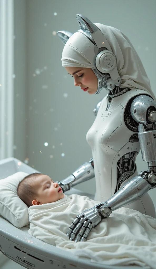 female robot wearing hijab, big breasts, white body, robot arm, wearing glove latex, playing with child on the bedroom