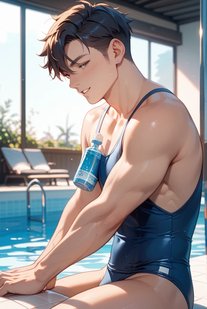 best quality, masterpiece, amazing details, (handsome dark skinned muscular young man with curly brown hair), exaggerated tiny waist, skimpy low rise dark blue thong, bottoms tan line, bulge, penis outline, walking through hotel resort swimming pool, looking away, blank expression, wet body, dripping wet, perfect fingers, no watermark, no logo, no signature