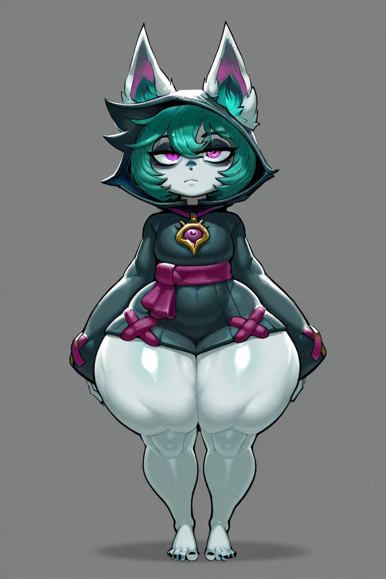 score_9, score_8_up, score_7_up, 1girl, cartoon, flat chest, hair bob, fat, O lips, short, adorable, thigh highs, black fantasy dress, shortstack, pointed ears, blue hair, green skin, blue eye shadow, blue lipstick black heels, huge ass, small crotch bulge, panties