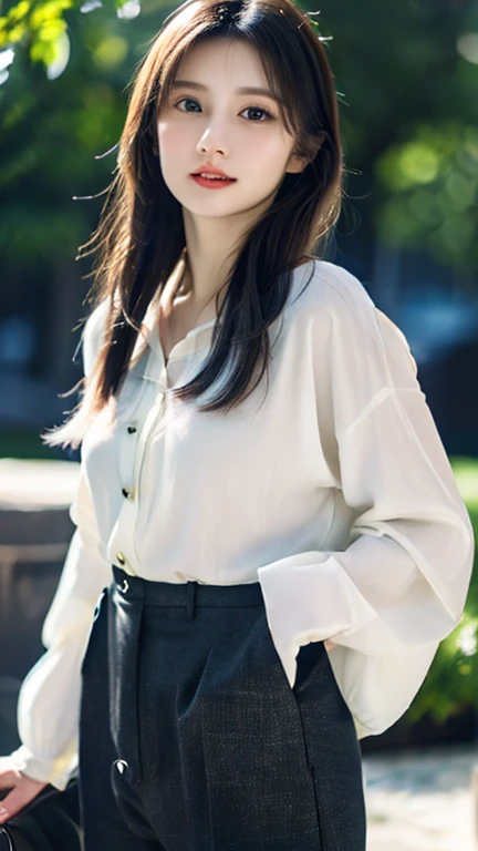 ((Best quality, 8k, Masterpiece :1.3)), Sharp focus :1.2, A pretty woman with perfect figure :1.4, Slender abs :1.2, ((Dark brown hair,breasts :1.2)), (white long formal shirt)(buttoning up his shirt.), grey background:1.2, Highly detailed face and skin texture, Detailed eyes, Double eyelid,fashion model posing,cowboy shot,white pants,sunlight filtering through trees,(wears a gray scarf around his neck.)