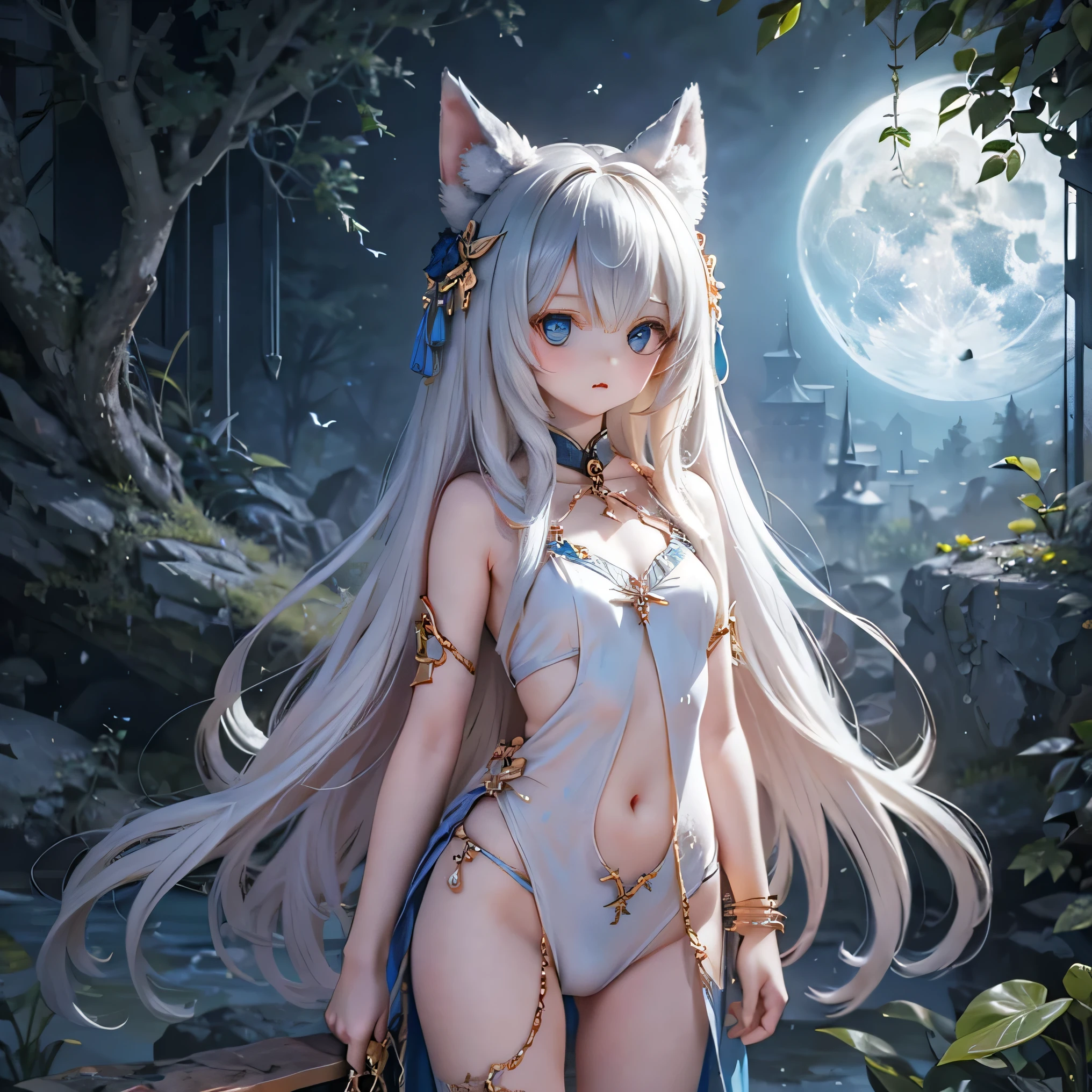 Under the round moon of 8k ultra-clear ultra-clear ultra-clear two-dimensional style, sitting sideways on the stone, tall white hair, small breasts with different pupils, small bare belly, an Asian girl with a dragon's tail on her body, wearing clothes with a complex texture of skirt underneath, and an intricate headdress on her head