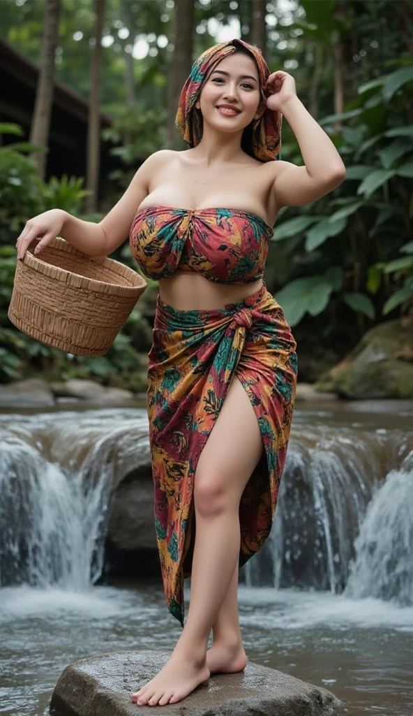 Beautiful 26 years old woman, 170cm high, 60 kg weight, white skin, long dark hair, green eyes, wearing black no shoulder hawaiian shirt, red tropical print t-shirt, long skirt, heels, (((tropical restaurant))), dancing, smile, natural morning light, realistic portrait, analog style, underboob, breast, nipple, (((full body))), from below, pantyless, cute dancing pose