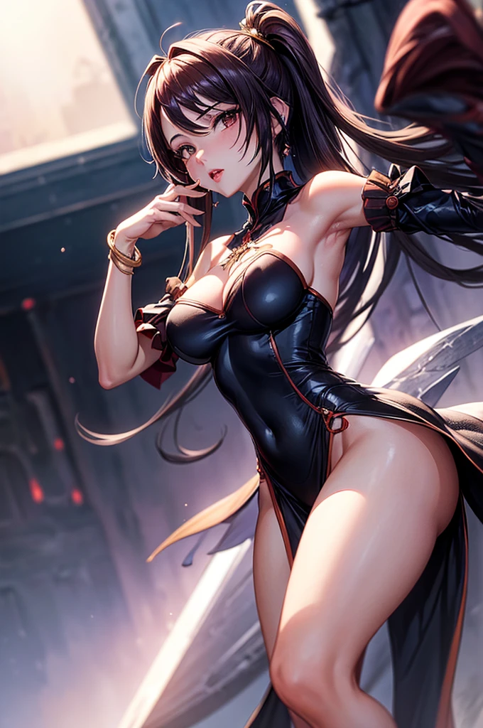 sharp but sweet eyes,Long hair, dark brown hair, green afilate eyes with long eyelashes, full mouth, low height, sinuous hips, lottle-medium , elf ears, red checks natural, sharp but sweet eyes, She is wearing a one-piece dress with a crisscross on her breasts that leaves her belly exposed and her fat hips exposed, and she has two splits on her dress at her legs that let them be seen.