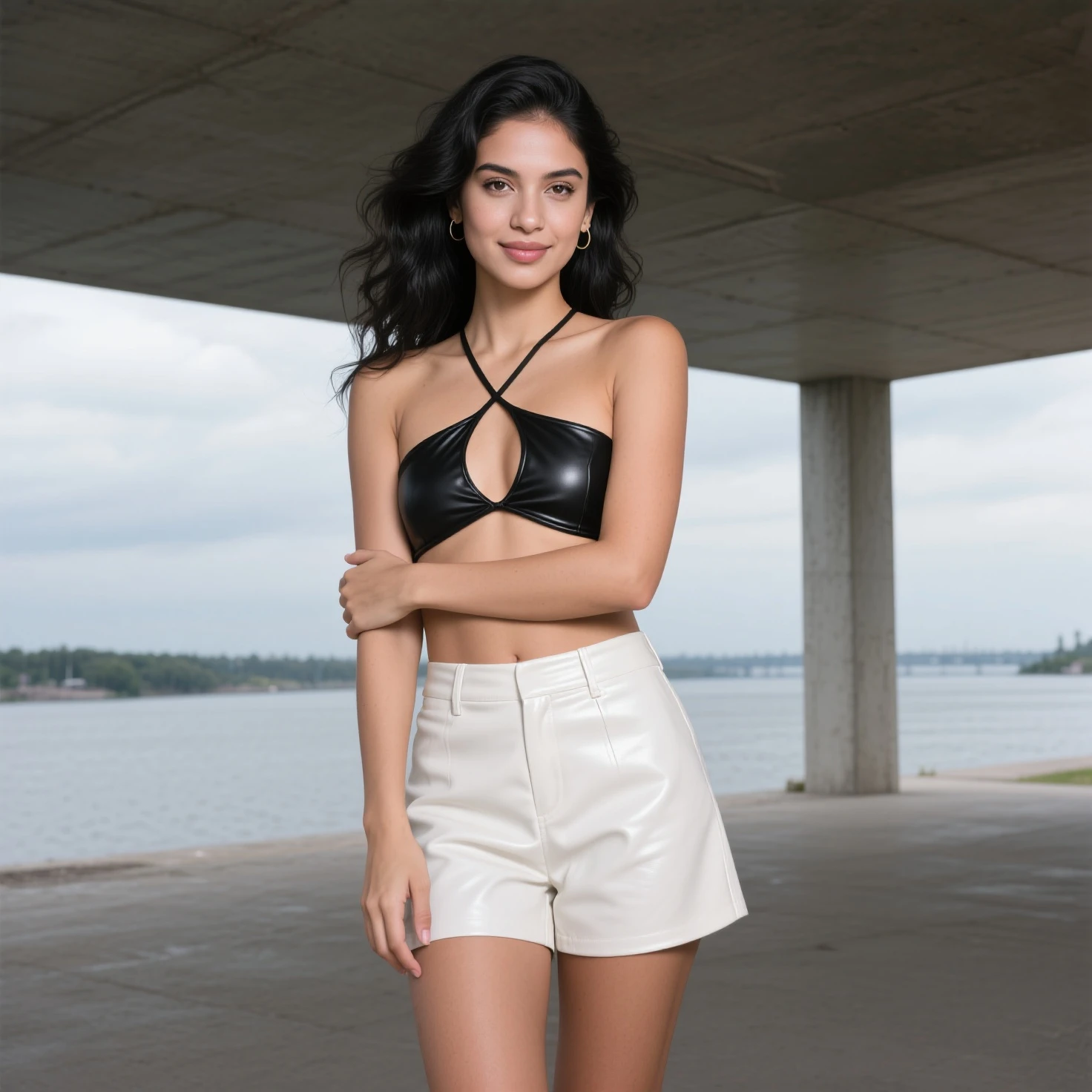 photo of a young girl, (thoughtful expression), Textured leather, goosebumps, brunette with long curly hair below the waist, black satin dress with straps with rough leather boots, stands at night on the rocks near a cliff overlooking the ocean, Large green round eyes, (chiaroscuro), Holder for 160 flowers, filmed on ARRI ALEXA 65, Boke, sharp focus on the subject, shot by Don McCullin
