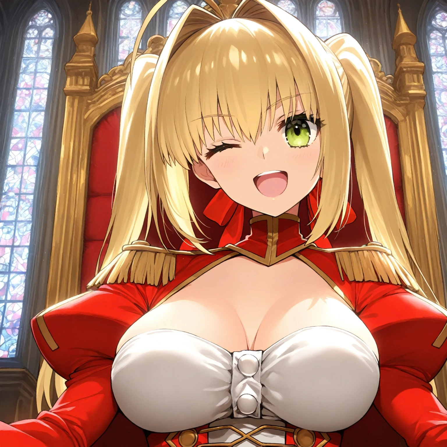 red dress, brown cross-laced footwear, cleavage, black ribbon, clothing cutout, juliet sleeves, white thighhighs, luxury livingroom background, Satellizer L. Bridget, anime cels style, best quality, high resolution, (huge breasts:1.2), cowboy shot, blush, smiling, blonde hair, long hair, blue eyes, semi rimless eyewear