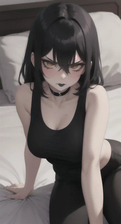 Kizi =,heavy mascara, black lipstick, emo, 1 Kizi, hair over eye, bauhaus bedroom with black theme, NSFW, braless, choker, indifference, chains, breasts big, titcup