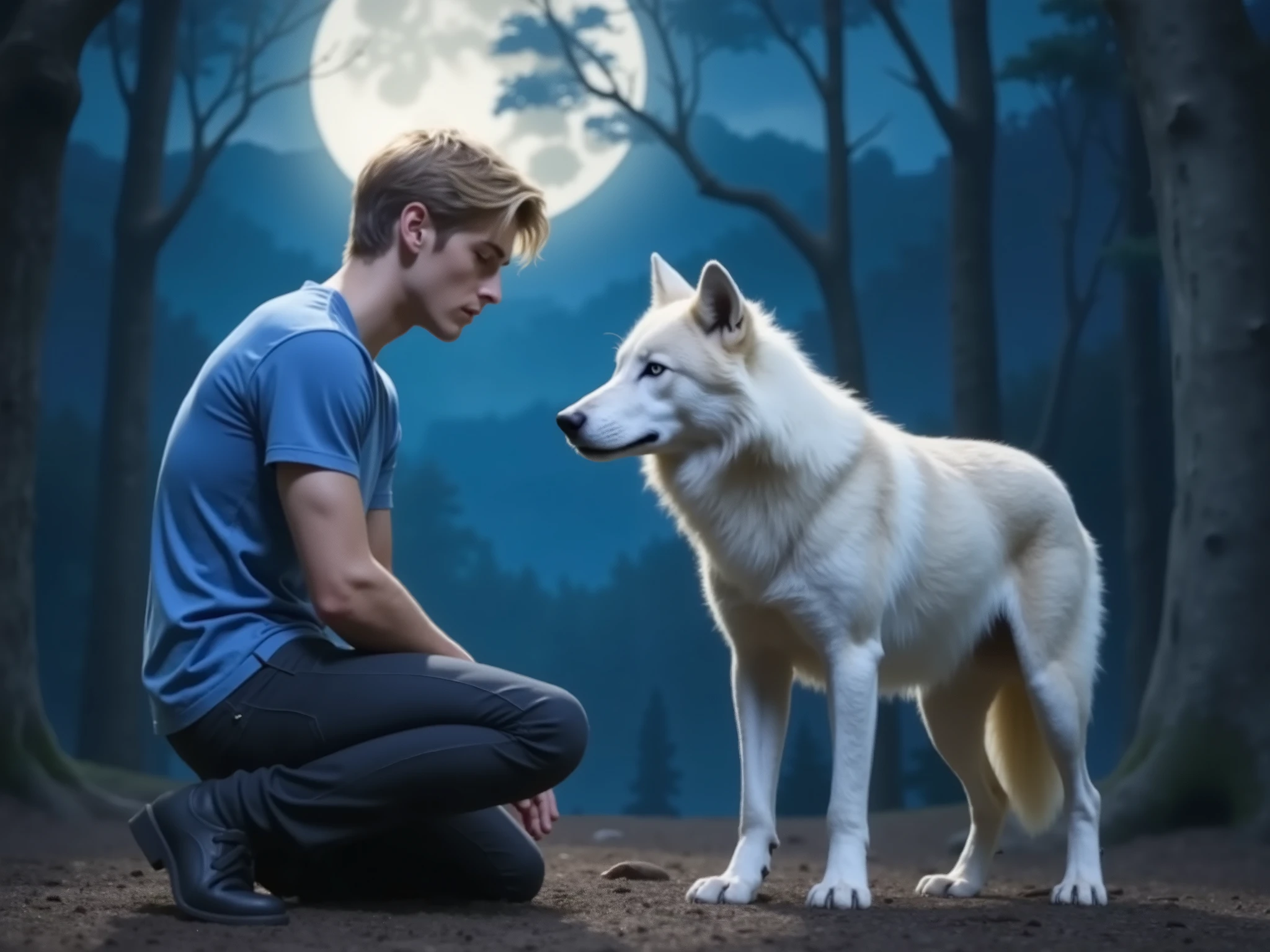 A man and a wolf are facing each other just some steps of distance. The man is handsome, on his 20s with messy short blonde hair wearing blue tshirt and black jeans is kneeling on the ground in front of a beautiful white wolf. forest and full moon in the background. mysterious atmosphere