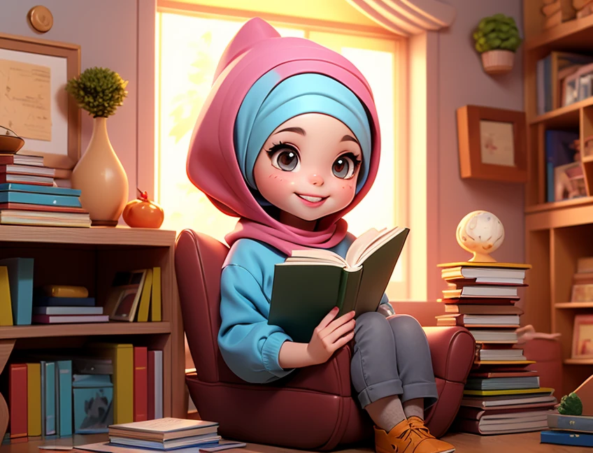 arabic 25 years oald women, afternoo,in her bedroom before bed, reading a book,coveredhead,modern Hijab wear,Round face,elaborate brown eyes,Elaborate enchanting lips,charmer smile,extremely detaild,expressive facial expression,side view, girl in a the livingroom,modern architecture design,Optics,paisagem serena,a moment of pure relaxation,swirly vibrant colors,soft, natural lighting,smooth bokeh effect,oil painting style,Romantic Inspiration,exceptional clarity and sharpness PIXAR style
